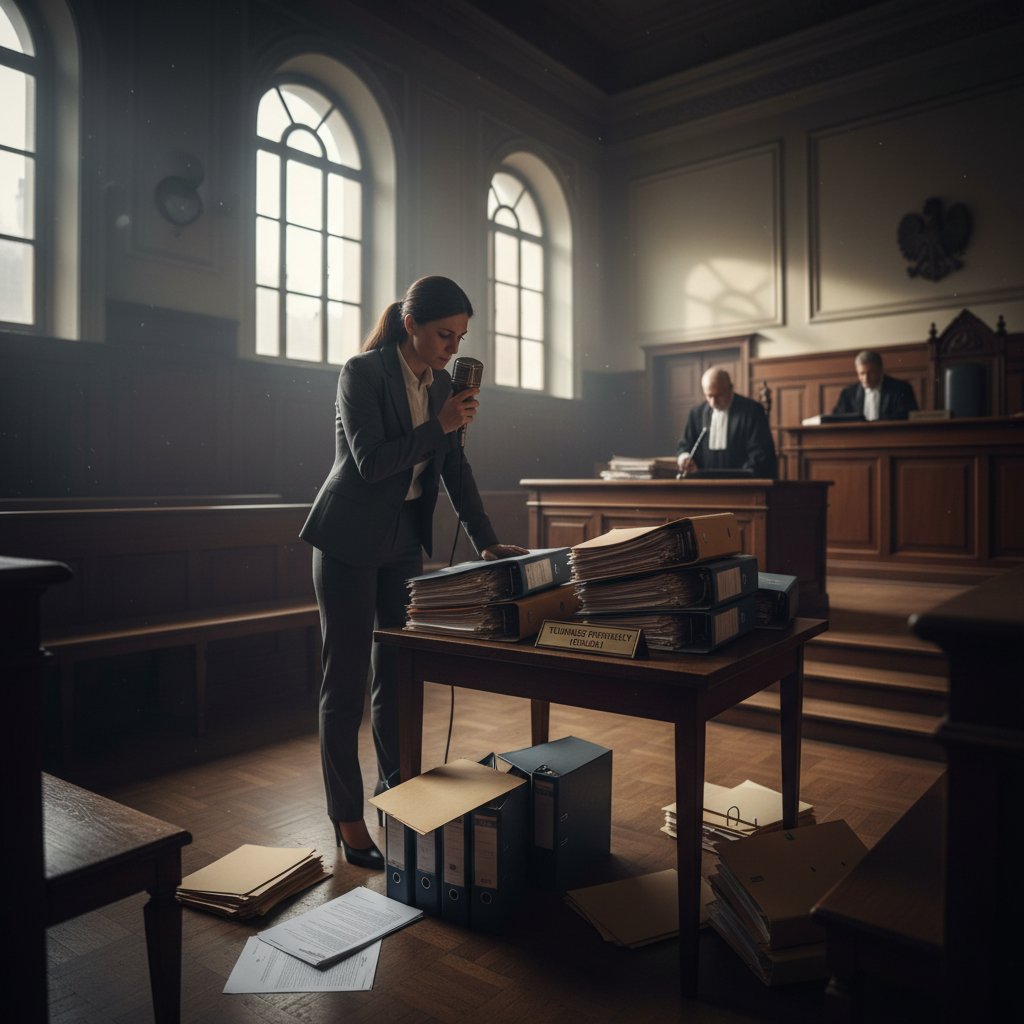 Tłumacz polski w pustej hiszpańskiej sali sądowej, skupiony na dokumentach, atmosfera wyzwania