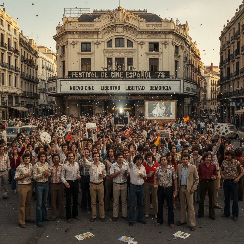 Crowd at a Spanish film festival during the transition to democracy, vintage photo, Spanish movies