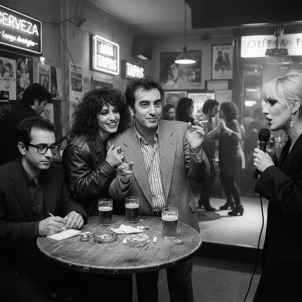 Young Spanish filmmakers during the New Wave movement, 1980s-inspired, Madrid bar, vibrant colors, Spanish movies