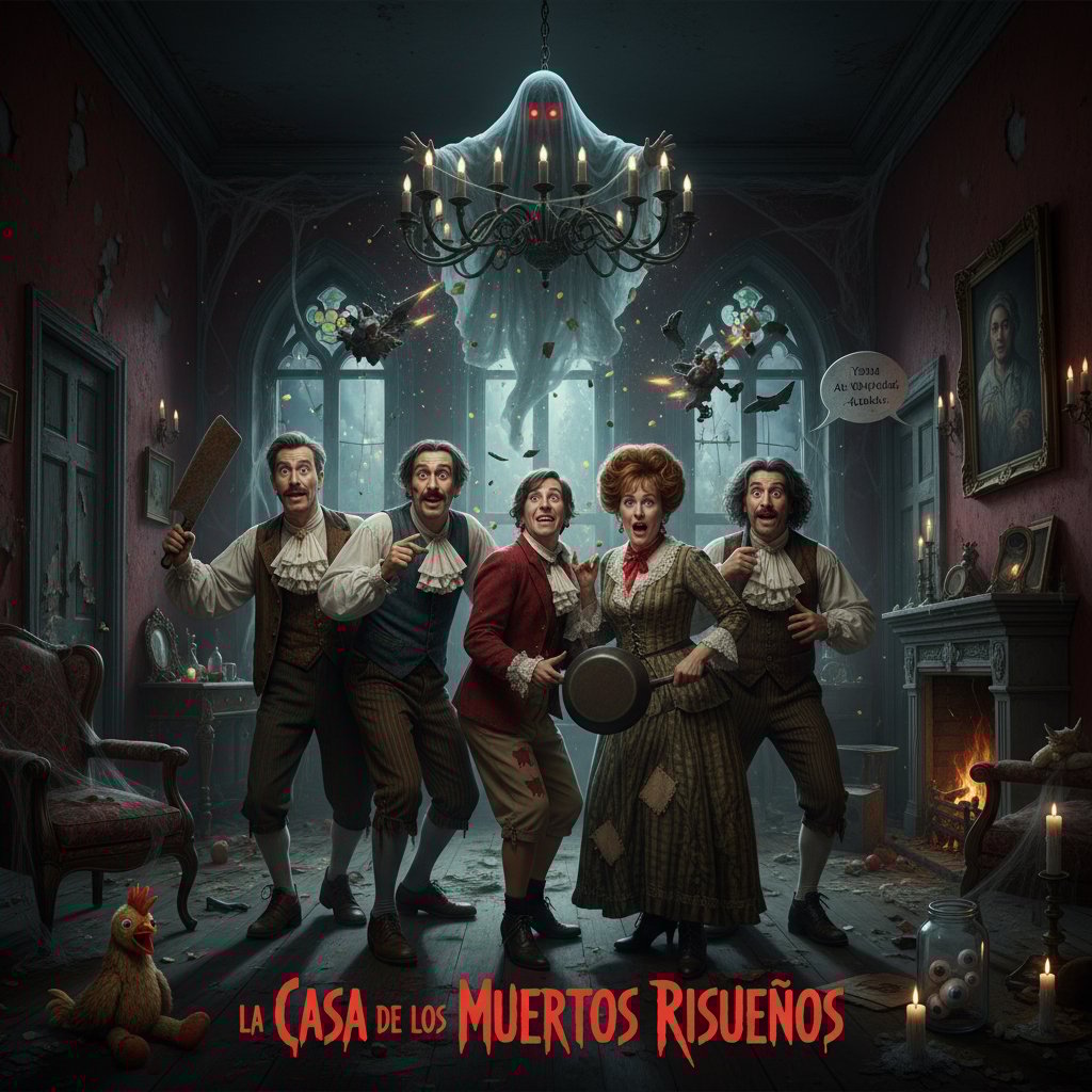 Scene from a Spanish horror-comedy movie, moody lighting, genre-blending Spanish movies