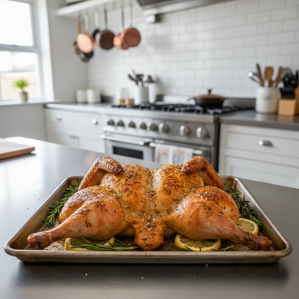 Kurczak przygotowany w technice spatchcocking, rozłożony na blaszce