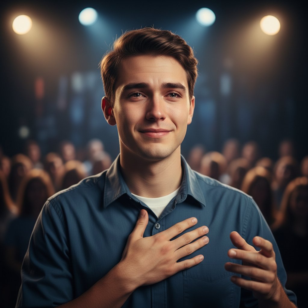 Mówca dzielący się osobistą historią na lokalnej scenie, emocjonalny portret