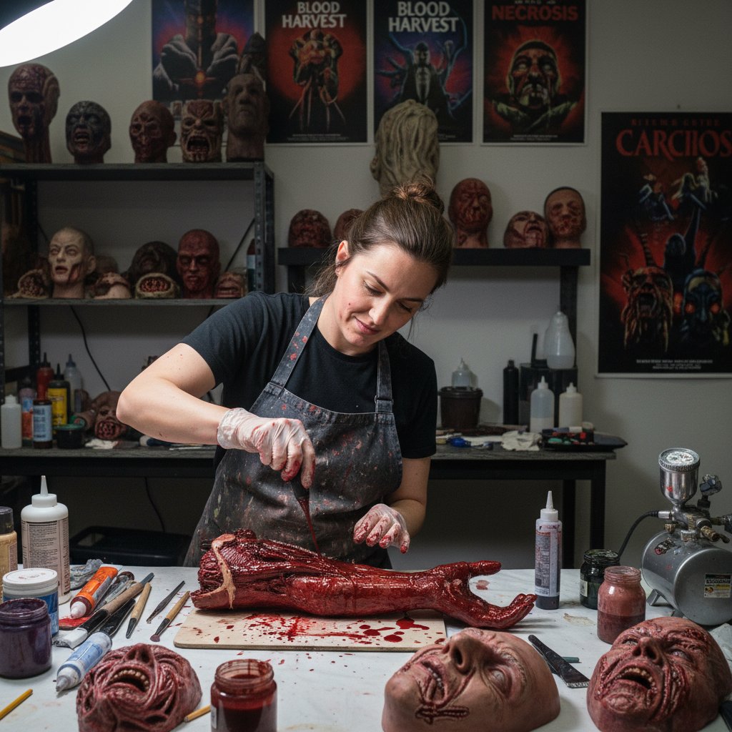 Behind-the-scenes photo of a special effects artist creating a gory prosthetic wound—practical effects in gore movies
