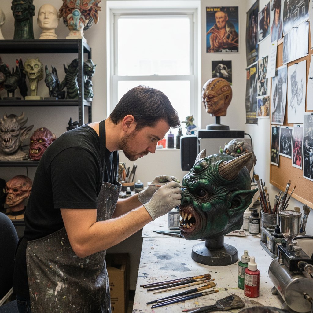 Close-up photo of a special effects artist painting a detailed monster mask