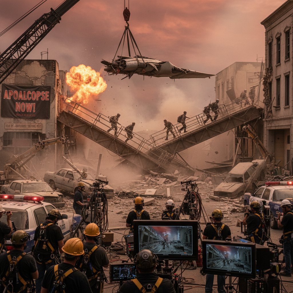 Special effects team creating on-set disaster movie chaos