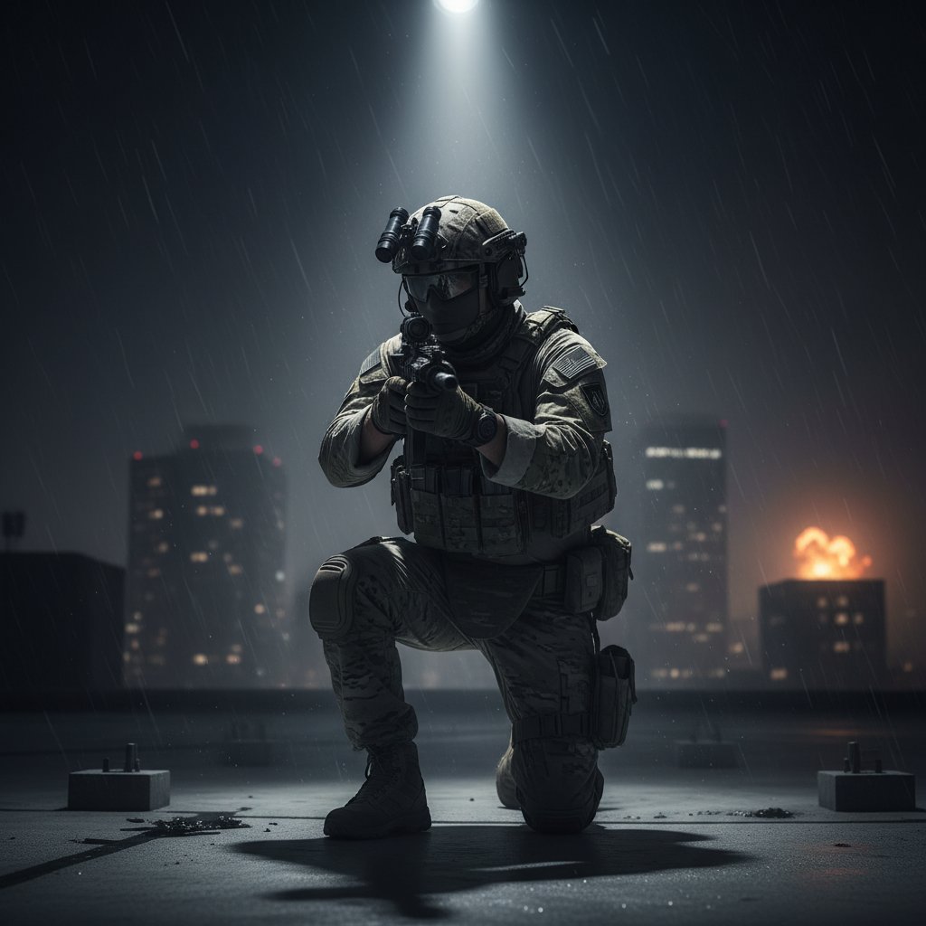 Intense special forces operative in dramatic lighting, close-up, tactical gear, tension, keywords: special forces movies realism adrenaline