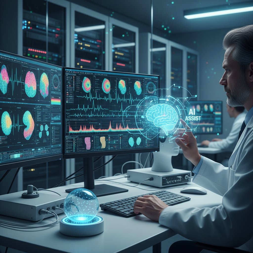 Specjalista analizujący wyniki EEG ze wsparciem AI w laboratorium