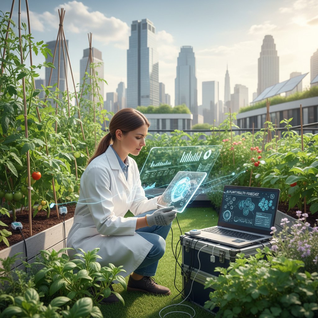Specjalista analizuje dane z systemu AI w miejskim ogrodzie, na ekranie predykcja zdrowia roślin