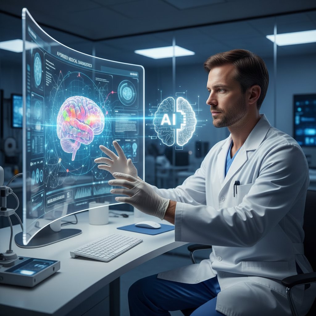 Specjalista analizujący wyniki beta-HCG na ekranie komputera, sztuczna inteligencja