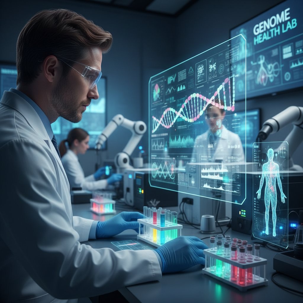 Specjalista analizujący dane genetyczne na monitorze w nowoczesnym laboratorium