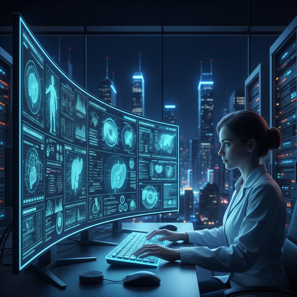 Specjalista analizuje dane medyczne na ekranie komputera z widocznymi algorytmami AI