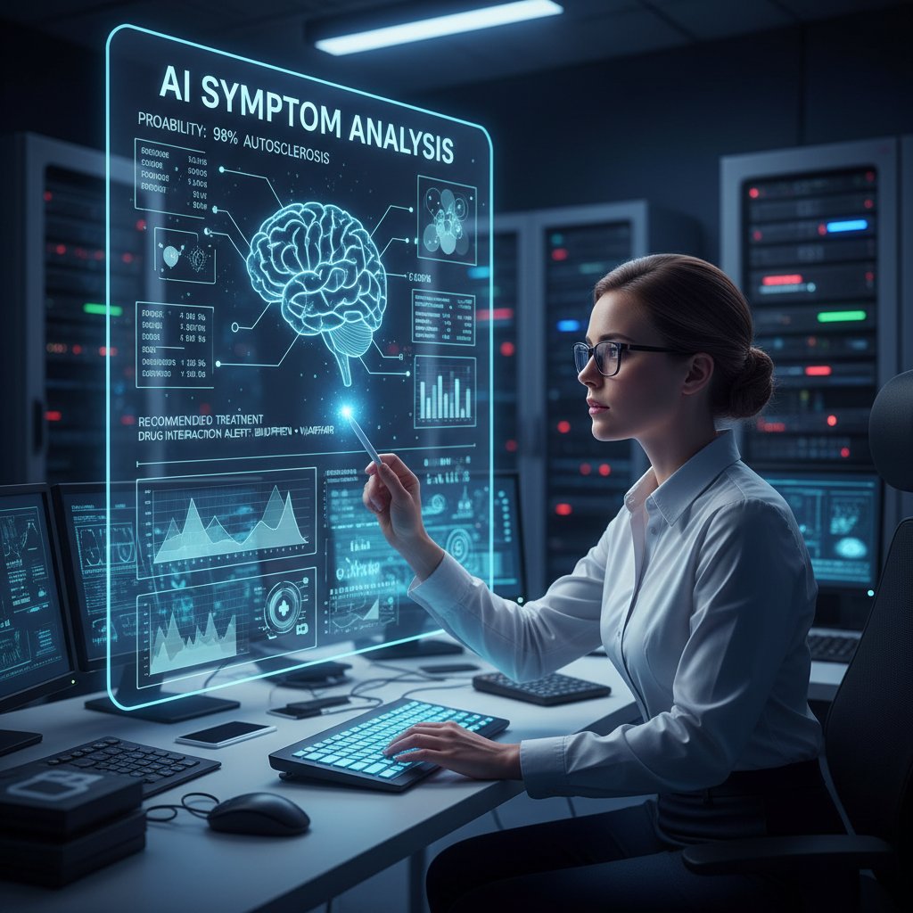 Specjalista analizujący dane na ekranie, za nim wyświetlone cyfrowe wykresy ilustrujące analizę objawów przez AI
