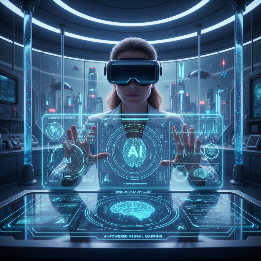 Specjalista korzystający z interfejsu AI do analizy danych o szumach usznych, ekran z wykresem – przykład wykorzystania AI w medycynie