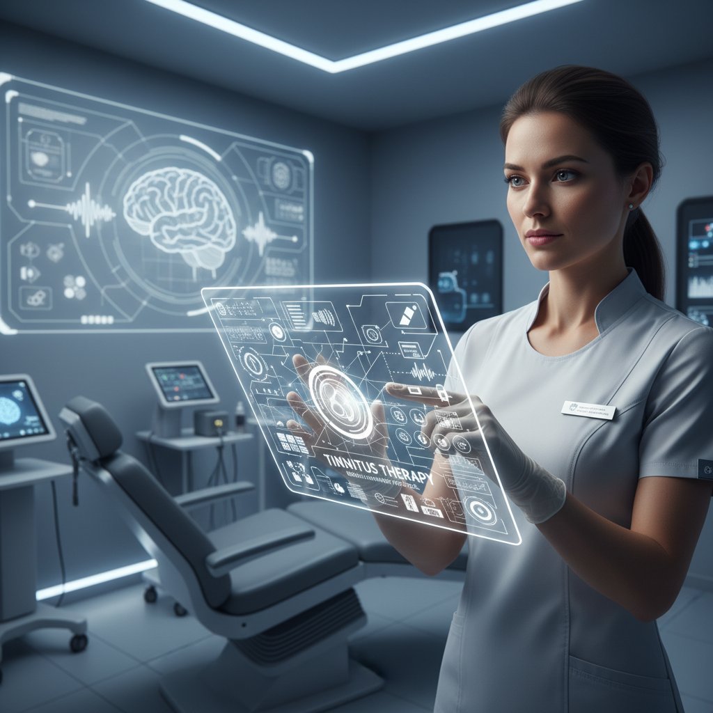 Specjalista z tabletem analizujący dane pacjenta, nowoczesna klinika, symbole cyfrowe – obraz ilustrujący technologie wspierające leczenie szumów usznych