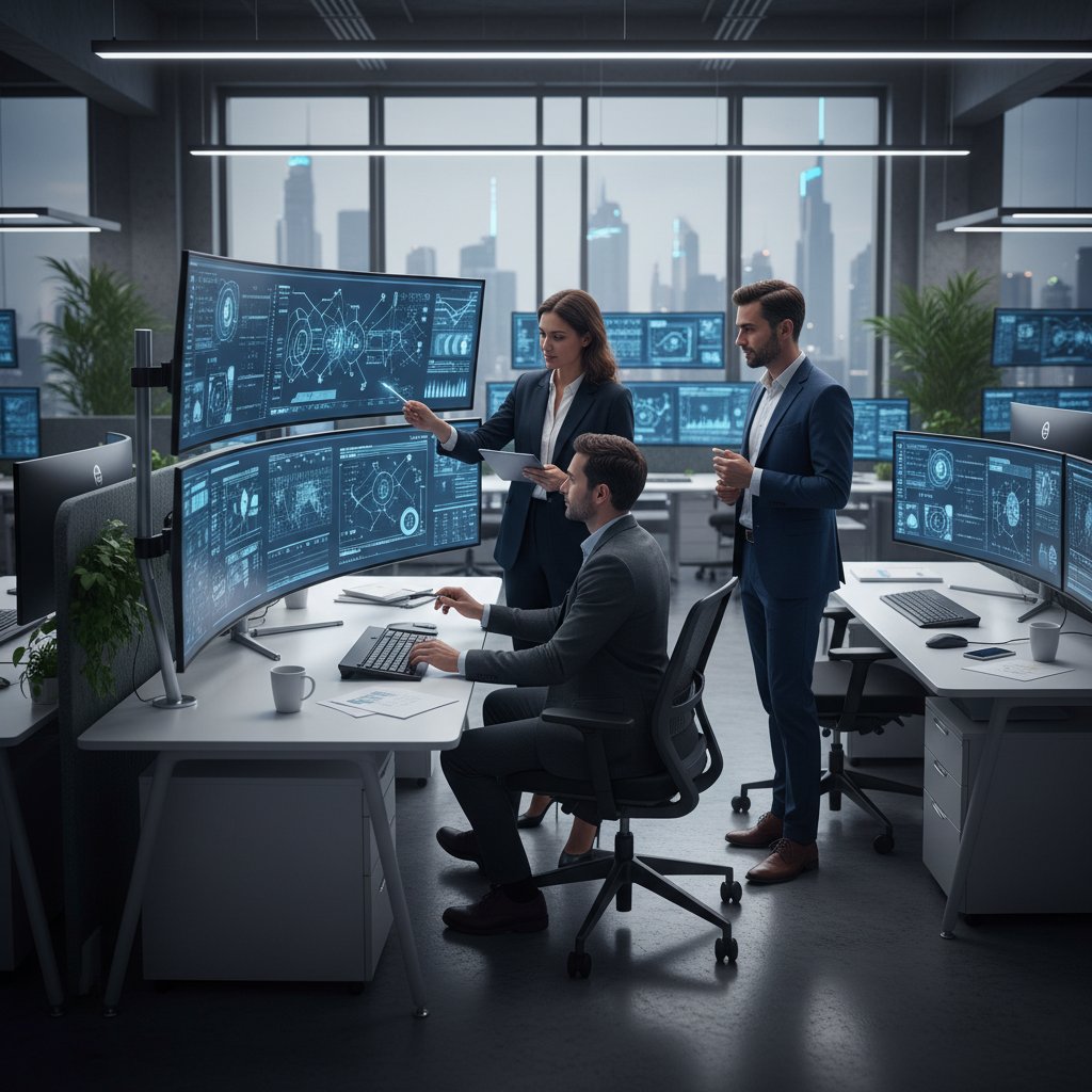 Zespół specjalistów analizujący wyniki AI na ekranach komputerów, nowoczesne biuro