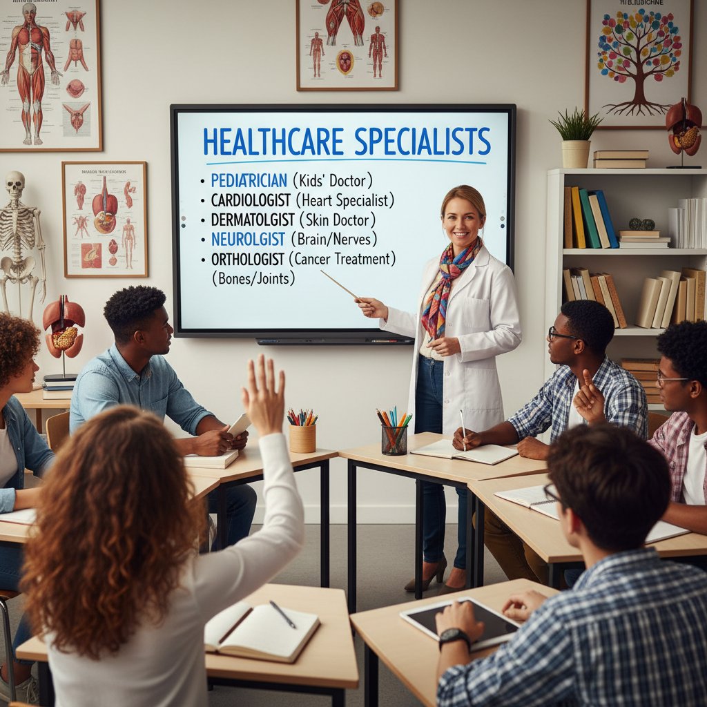 Ilustracja: zespół specjalistów tłumaczy pojęcia zdrowotne młodej osobie