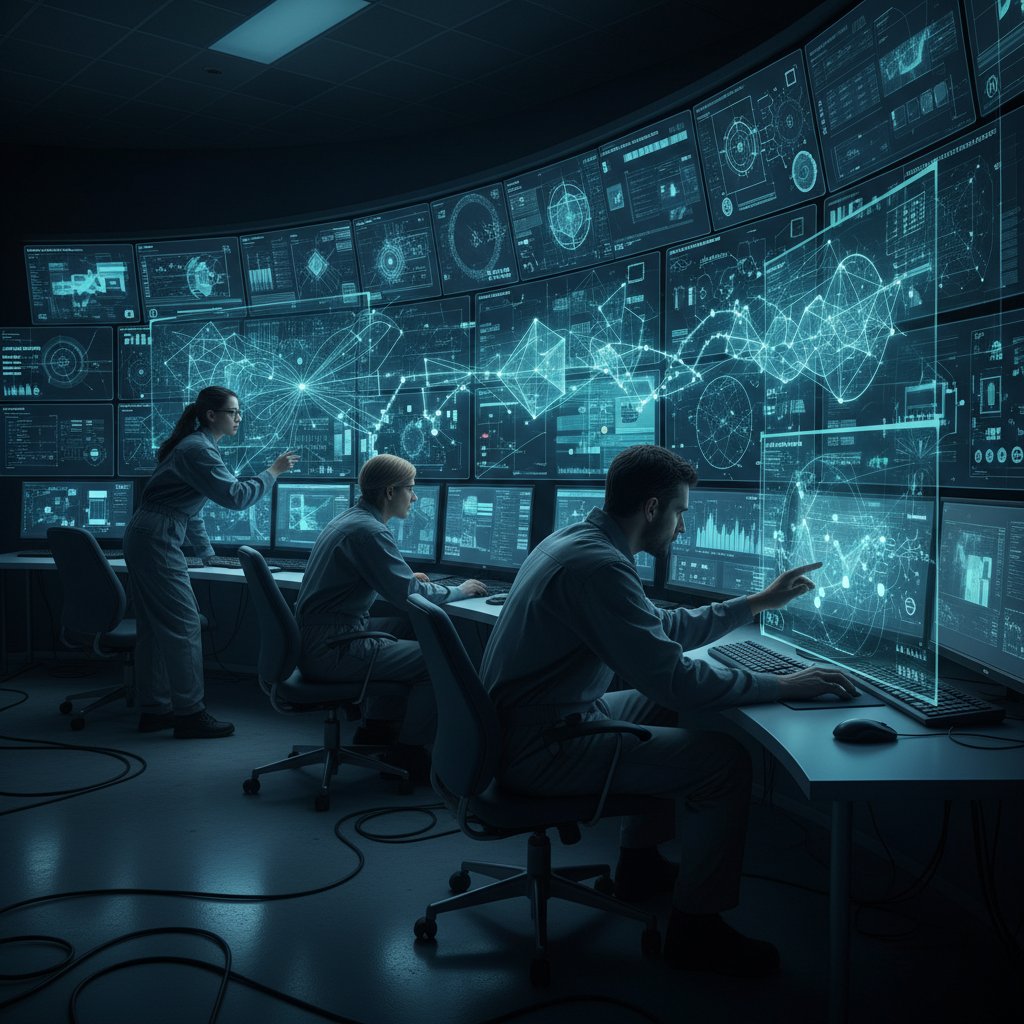 Dwóch specjalistów analizujących wyniki algorytmów na monitorach w ciemnym pomieszczeniu – etyka algorytmów, filozoficzne aspekty nowych technologii