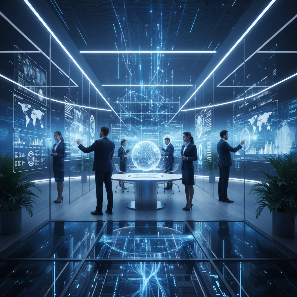 Professional in a modern office surrounded by digital data flows, symbolizing mastery of information