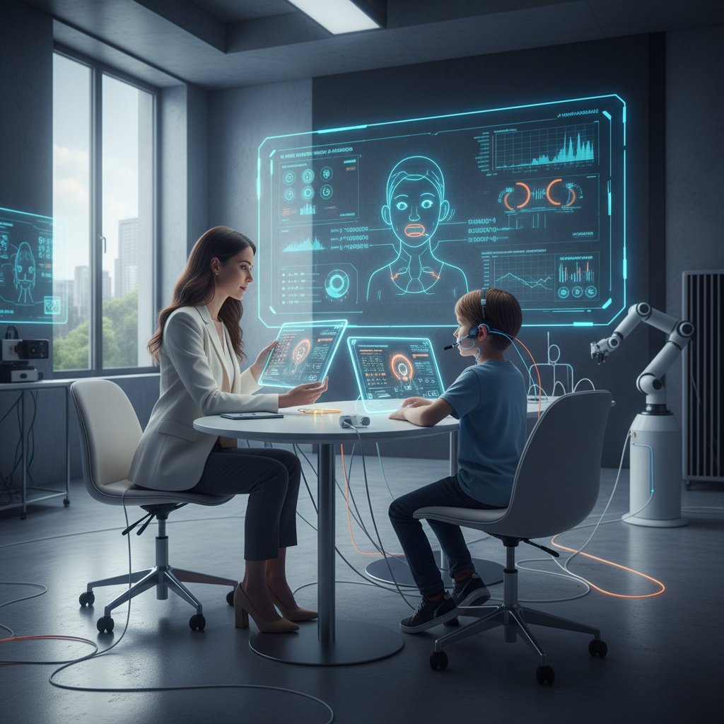 Logopeda analizująca wyniki AI na ekranie podczas terapii online, nowoczesne narzędzia