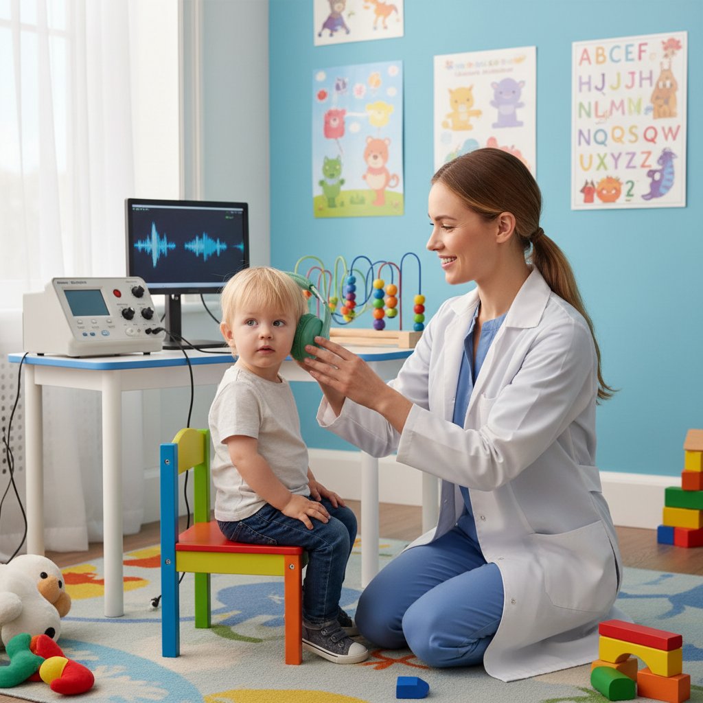 Logopeda przeprowadzający test słuchu u małego dziecka w gabinecie