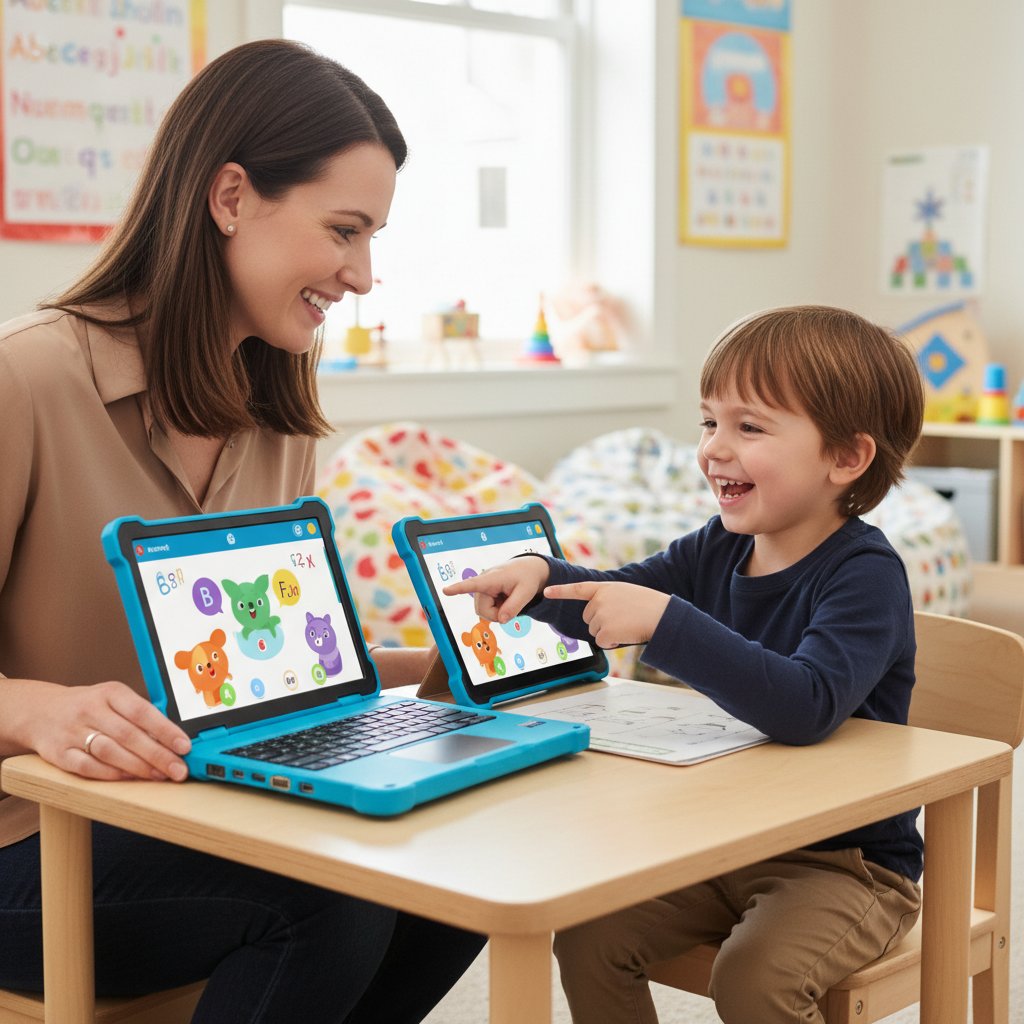 Logopeda korzystająca z laptopa i interaktywnych aplikacji podczas wirtualnej sesji z dzieckiem