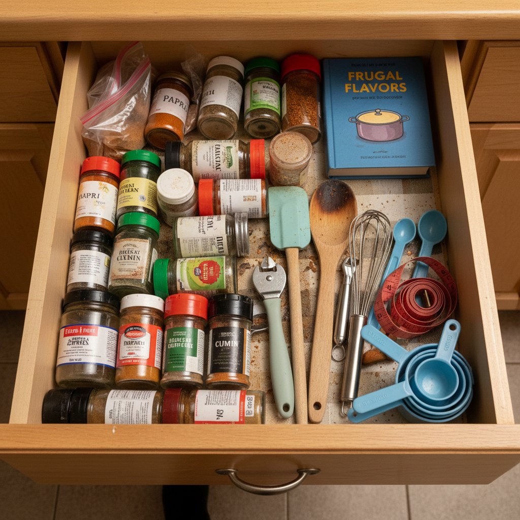 Szuflada z tanimi przyprawami i kuchennymi gadżetami – kuchnia oszczędna
