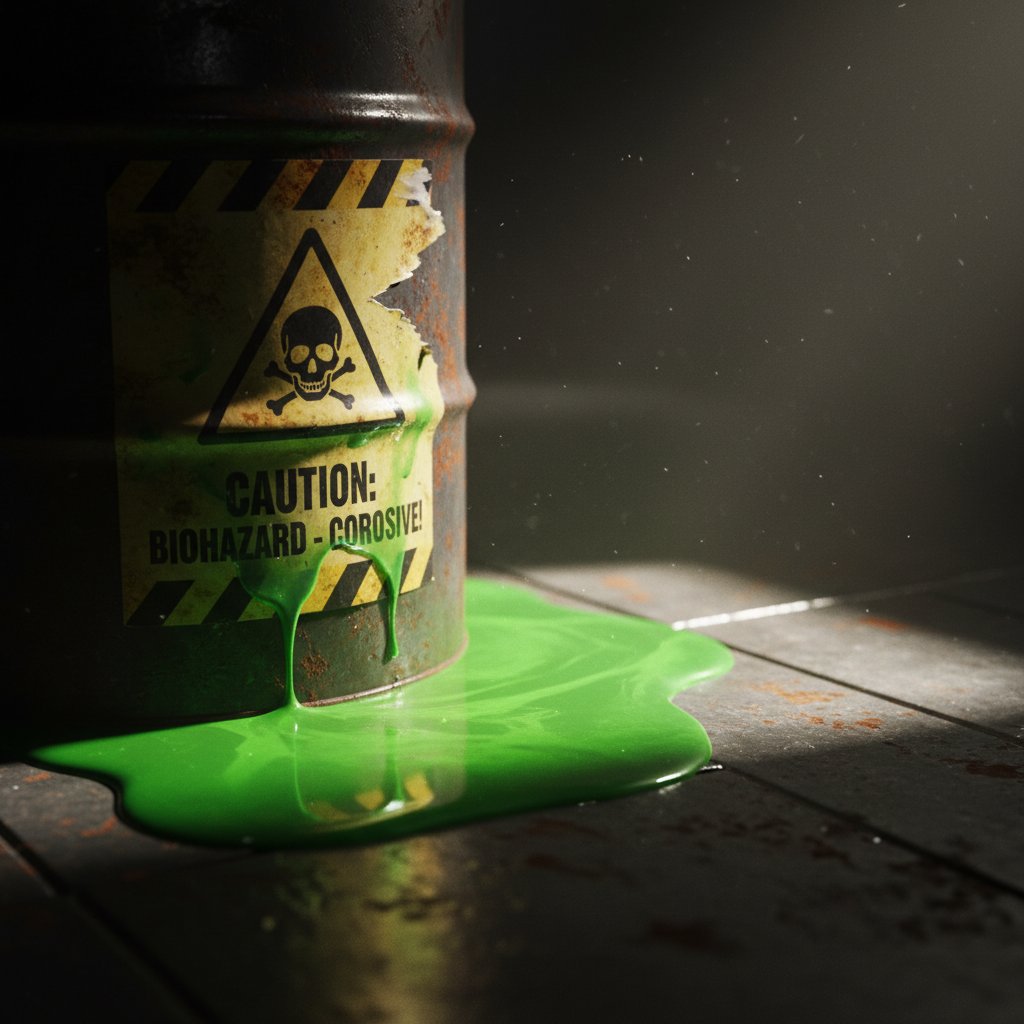 Symboliczne zdjęcie rozlanego zielonego płynu na etykiecie ostrzegawczej, dramatyczny kontrast