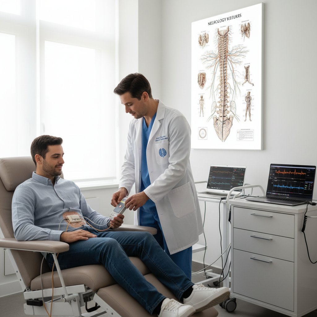 Pacjent z neurostymulatorem rdzenia kręgowego podczas konsultacji w przychodni neurologicznej, zdjęcie w stylu medycznym