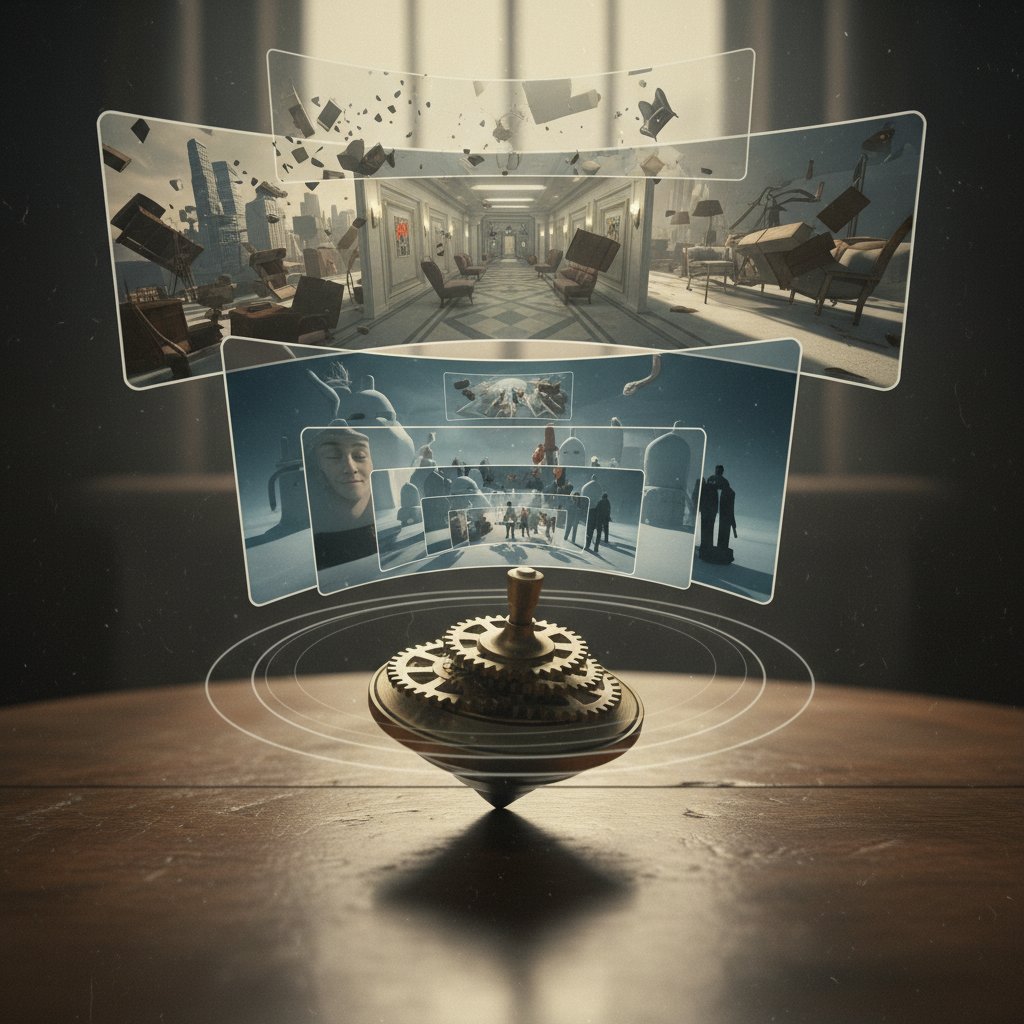 Symbolic object in layered cinema: spinning top from Inception, representing ambiguity in narrative