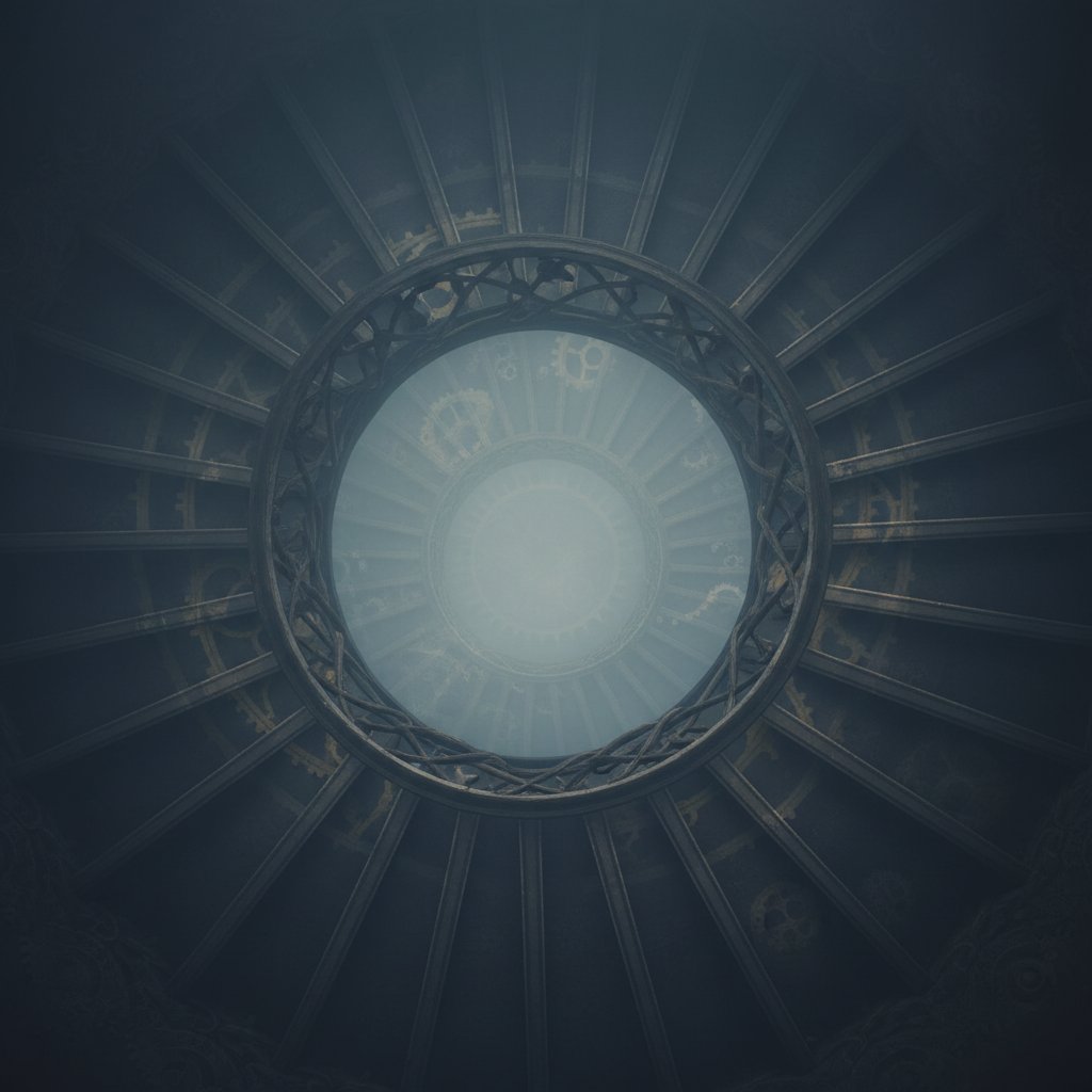 Symboliczna klatka schodowa znikająca we mgle, metafora cyklu reinkarnacji