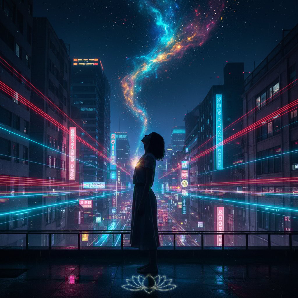 Samotna osoba stojąca nocą na deszczowej ulicy, światła miasta symbolizujące przebudzenie duchowe i chaos emocjonalny