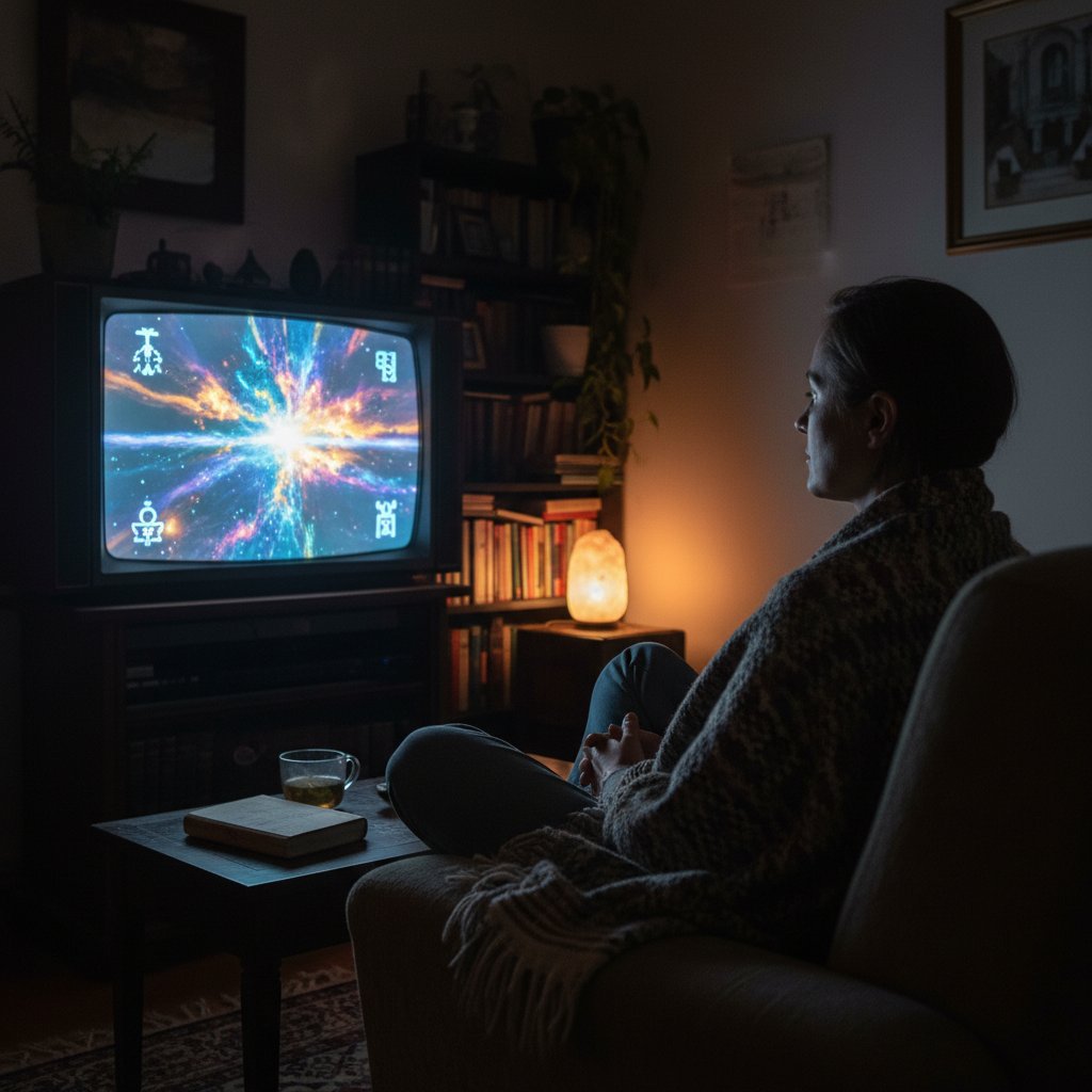 Close-up of hands pressed together in front of a flickering movie screen, representing a contemplative viewer watching a spiritual movie alone