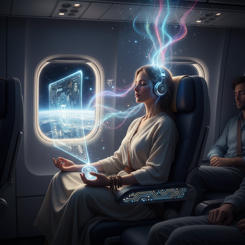 Spiritual traveler meditating in airplane seat, blending technology-enabled flight with transcendence