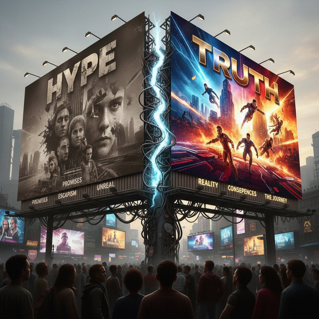 Split billboard showing hype versus truth in movie ads for advertising movies