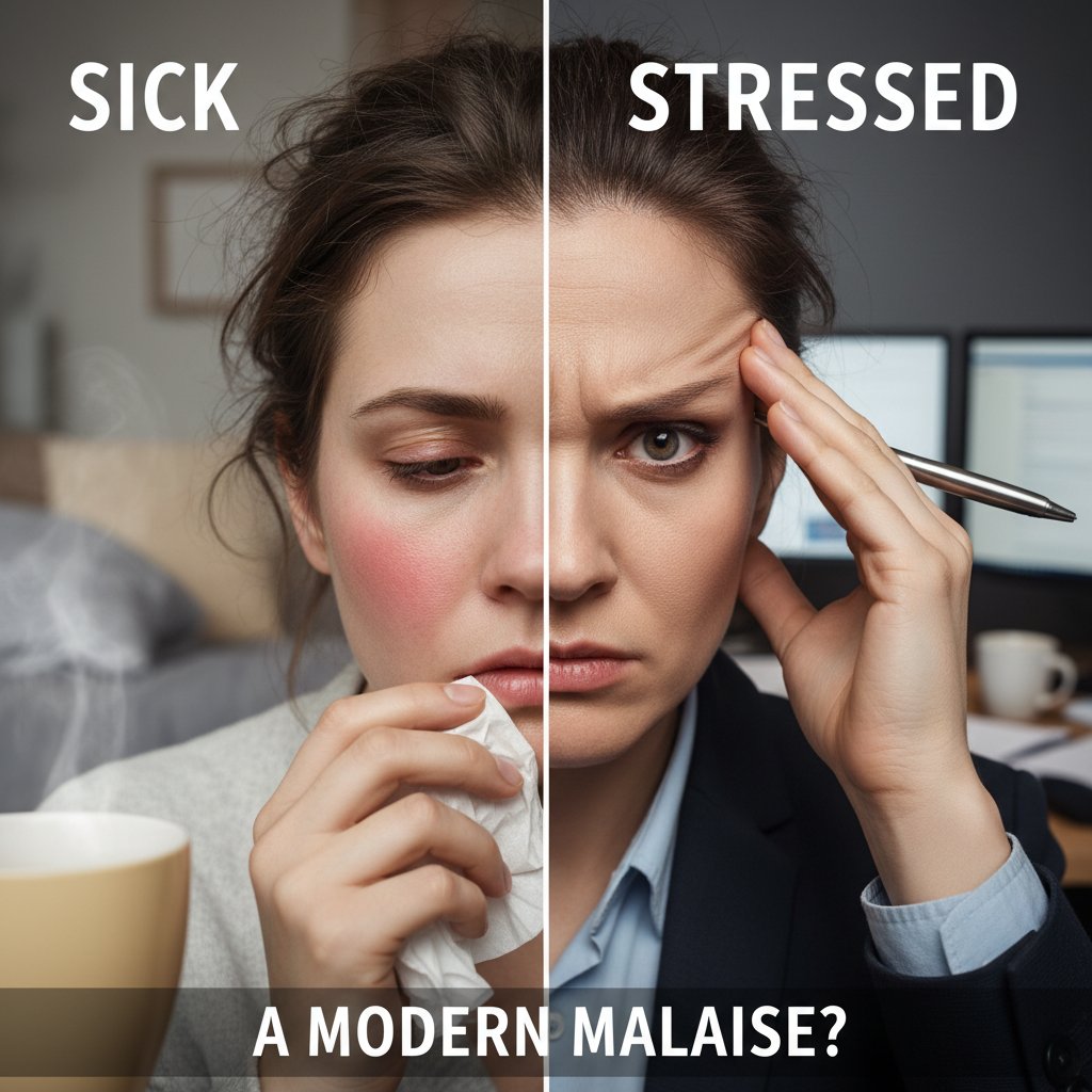 Symboliczne zdjęcie osoby o podzielonej twarzy – po jednej stronie objawy chorobowe, po drugiej wyraz stresu, obrazujące różnice w przyczynach bólu gardła