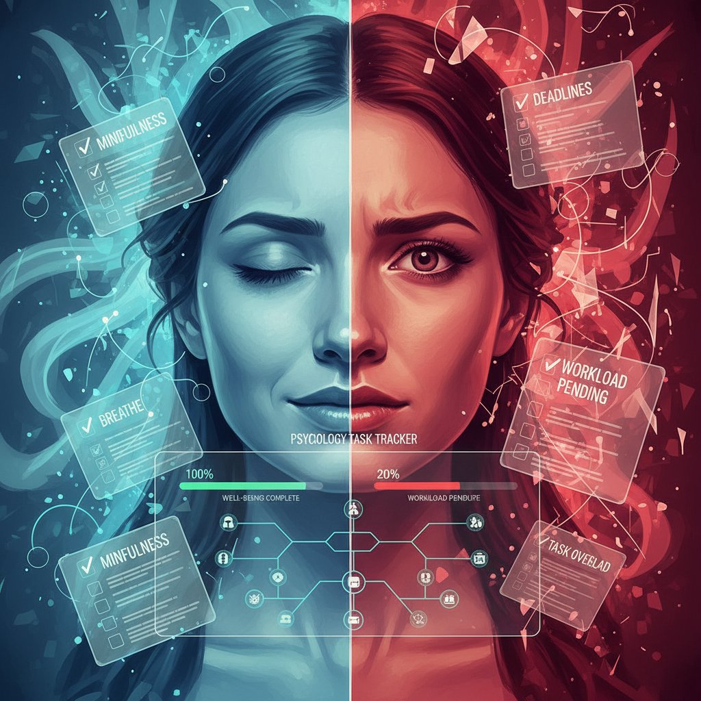 Split-face portrait—half serene, half anxious—overlayed with digital checklists, representing psychological impacts of task trackers