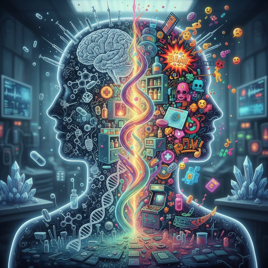 Podwójny portret człowieka pokazujący medyczne i popkulturowe oblicza omamów