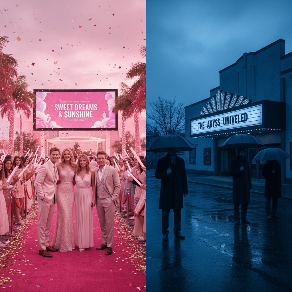 Contrasting movie premieres highlighting Barbenheimer effect.