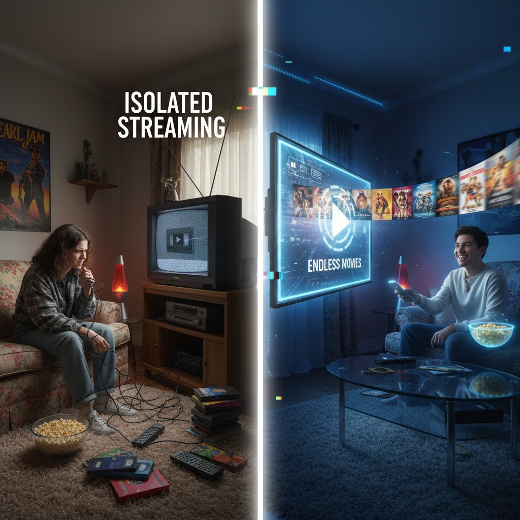 Split scene—90s crowded living room and isolated modern streaming, symbolic, movie endless movies