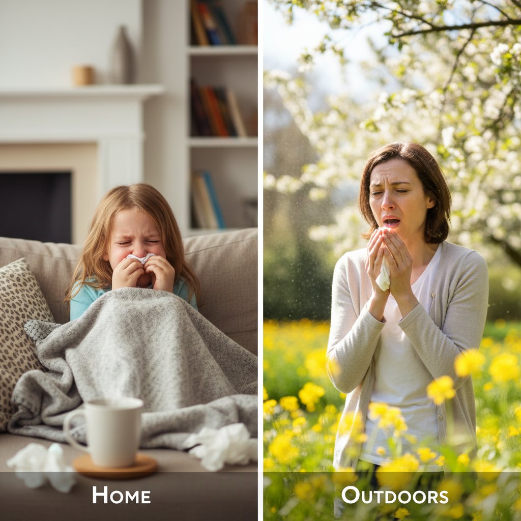 Różne oblicza kataru: dziecko z infekcją, dorosły z alergią.