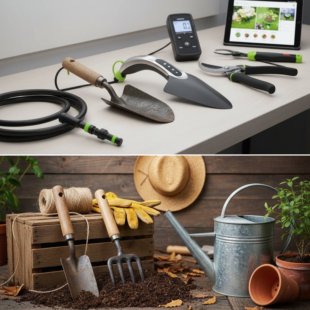 Zdjęcie podzielone: po jednej stronie technologie ogrodnicze, po drugiej klasyczne narzędzia