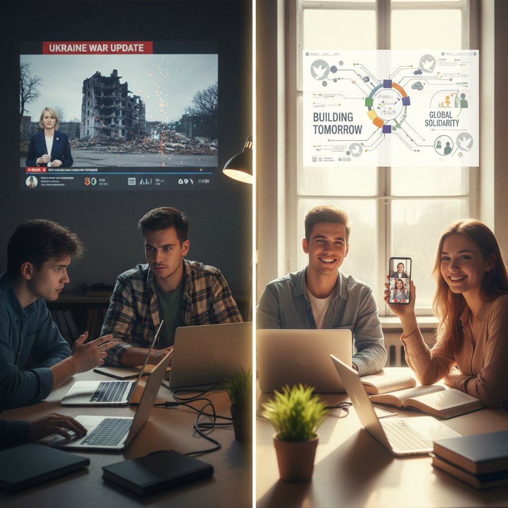Uczniowie uczący się o wojnie w Ukrainie przez internet