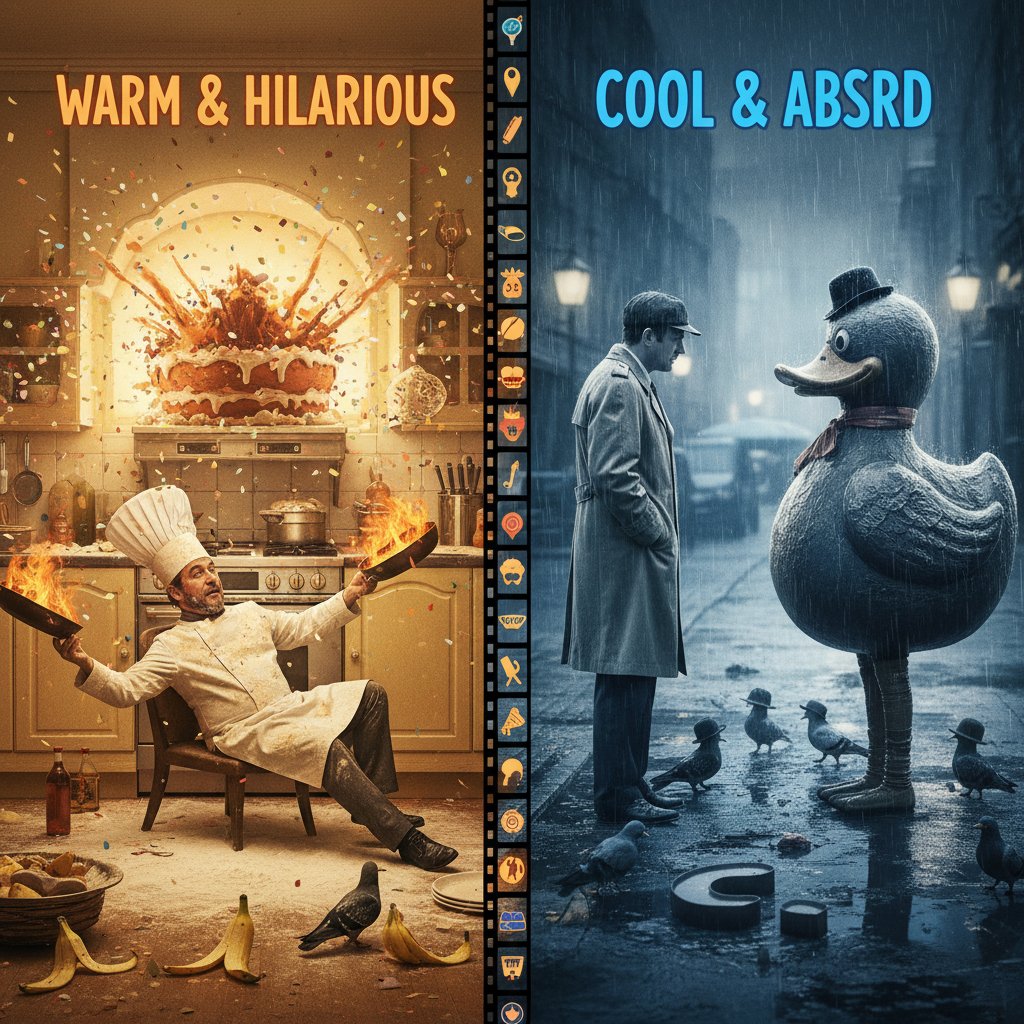 Split-screen of comedy scenes, one warm, one cool, actors mid-gag, movie palette comedy movies