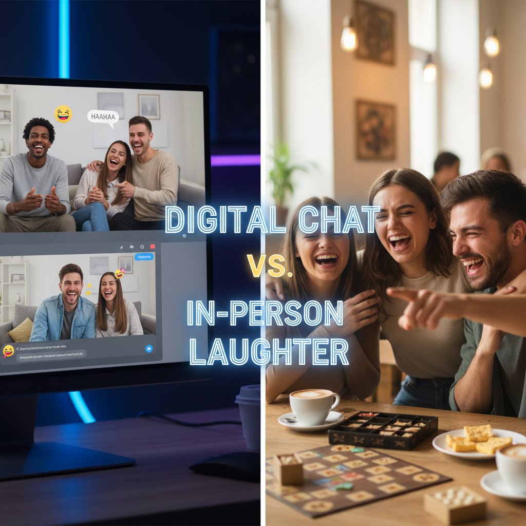 Przyszłość relacji – online czy offline? – podzielony ekran: połowa czat cyfrowy, połowa grupa ludzi śmiejących się razem