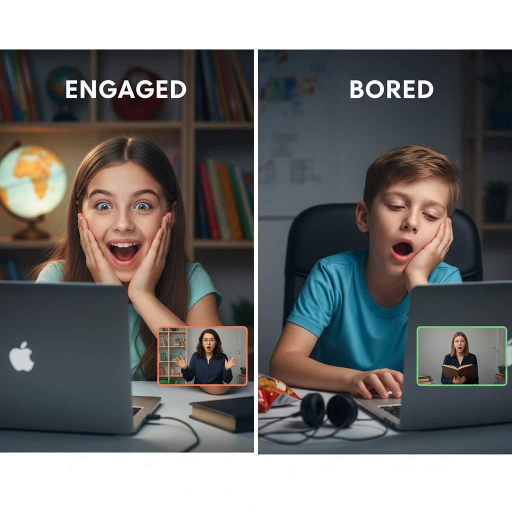 Uczniowie zaangażowani i znudzeni podczas tej samej lekcji z narracją online