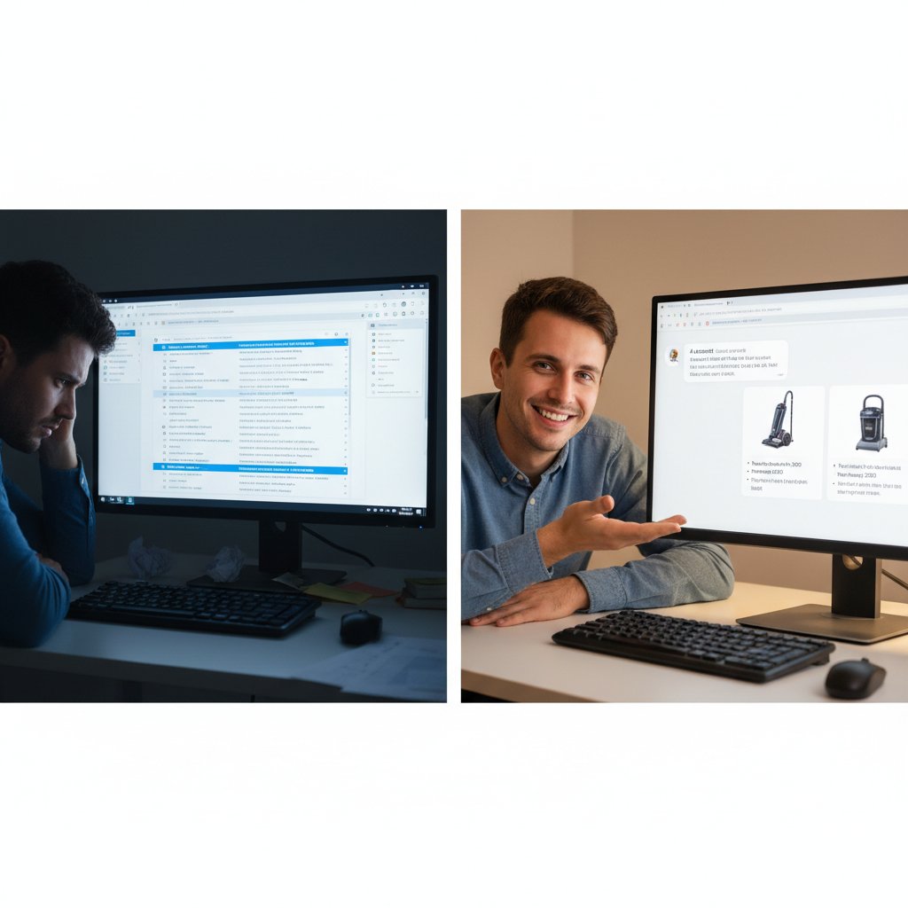 Użytkownik sfrustrowany klasyczną wyszukiwarką kontra zadowolony użytkownik AI wyszukiwarki multimedialnej