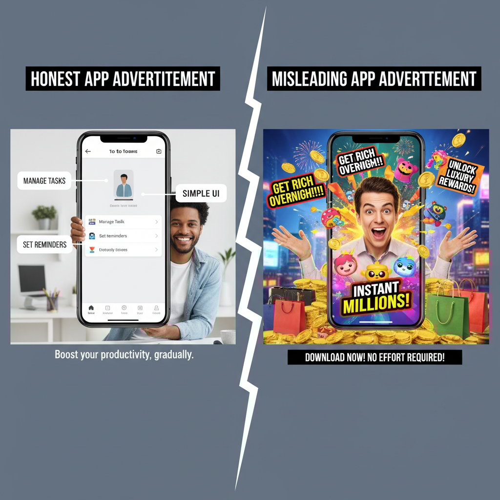 Podzielony ekran – uczciwa vs. myląca reklama aplikacji zdrowotnej, osoby patrzące z dystansem