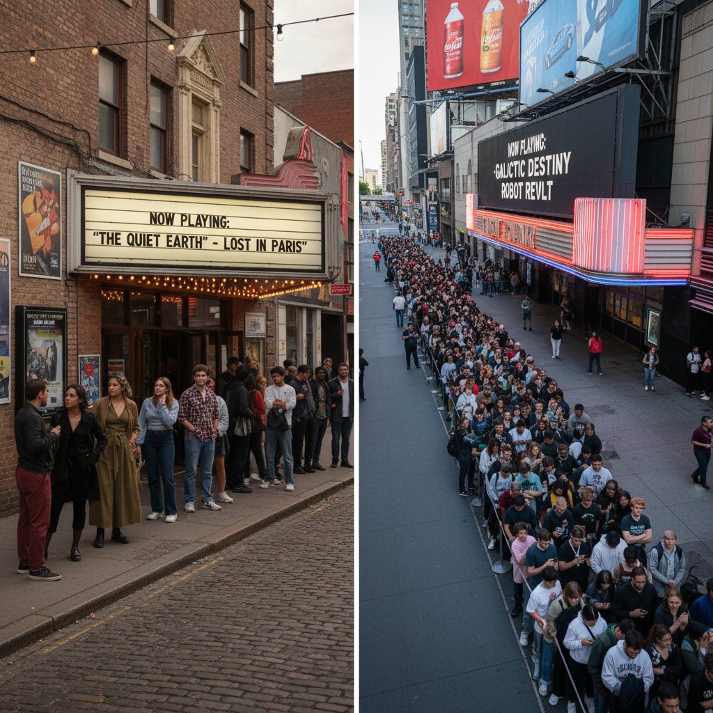 The choice between personal taste and trending movies, split-screen indie theater and crowded blockbuster line, contrast in mood, personal vs. cultural, now playing movies