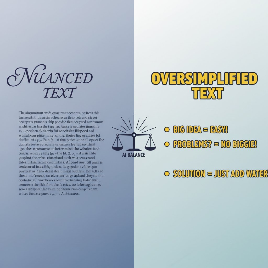 Split-screen showing nuanced versus oversimplified text, visualizing the delicate balance AI must strike in text simplification.