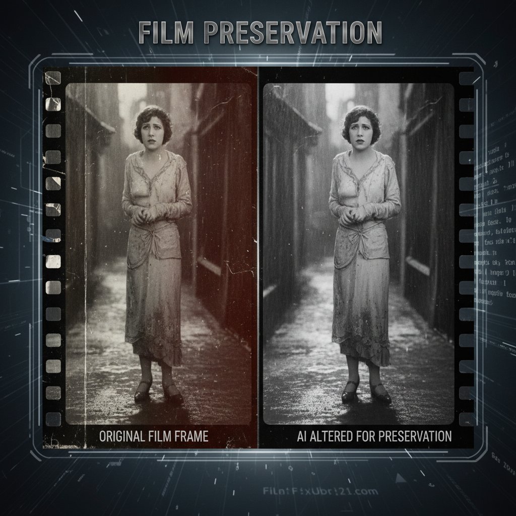 Split-screen of original vs. AI-altered film frame, highlighting authenticity issues in film preservation